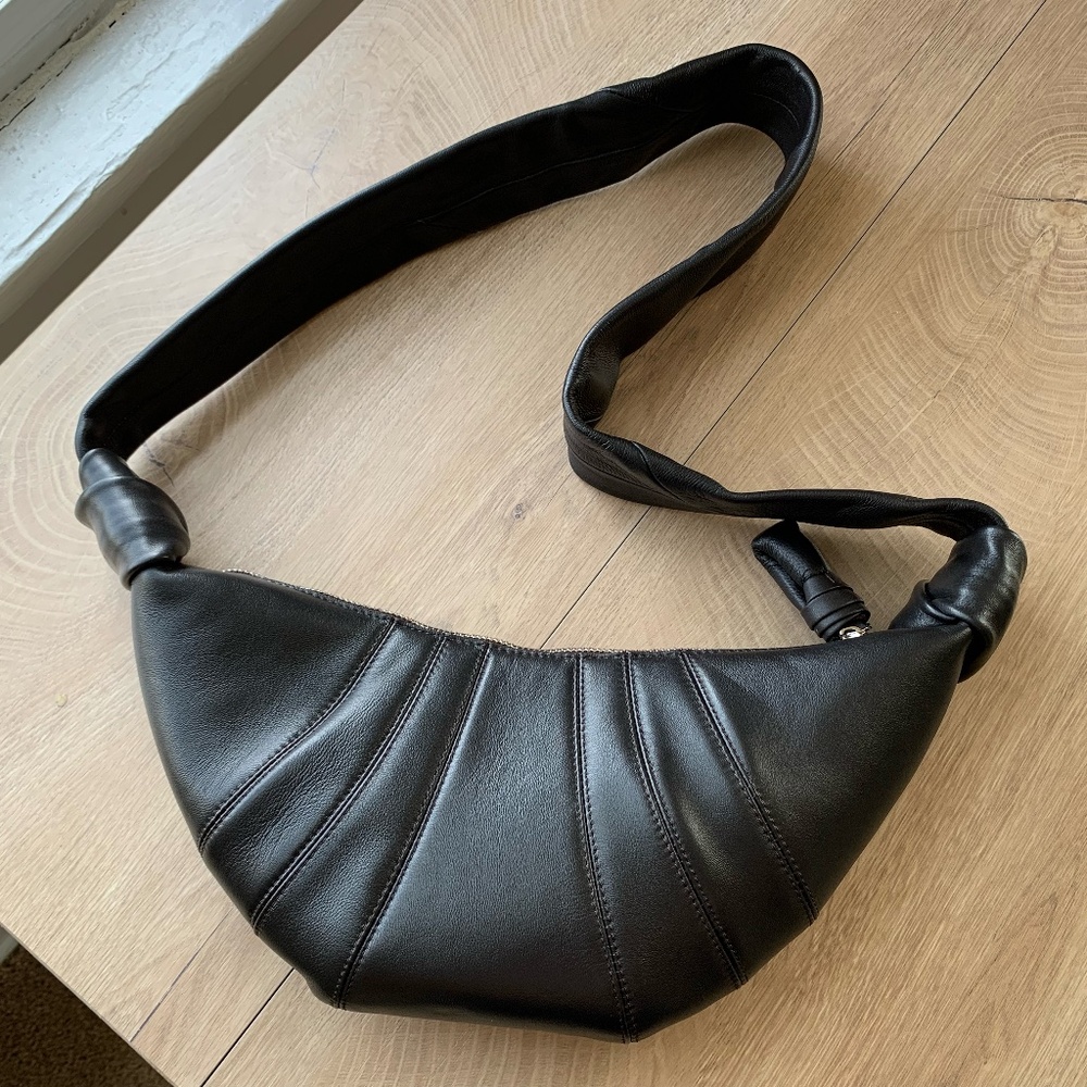 Small Croissant Shape Crossbody Leather Bag in Dark Chocolate